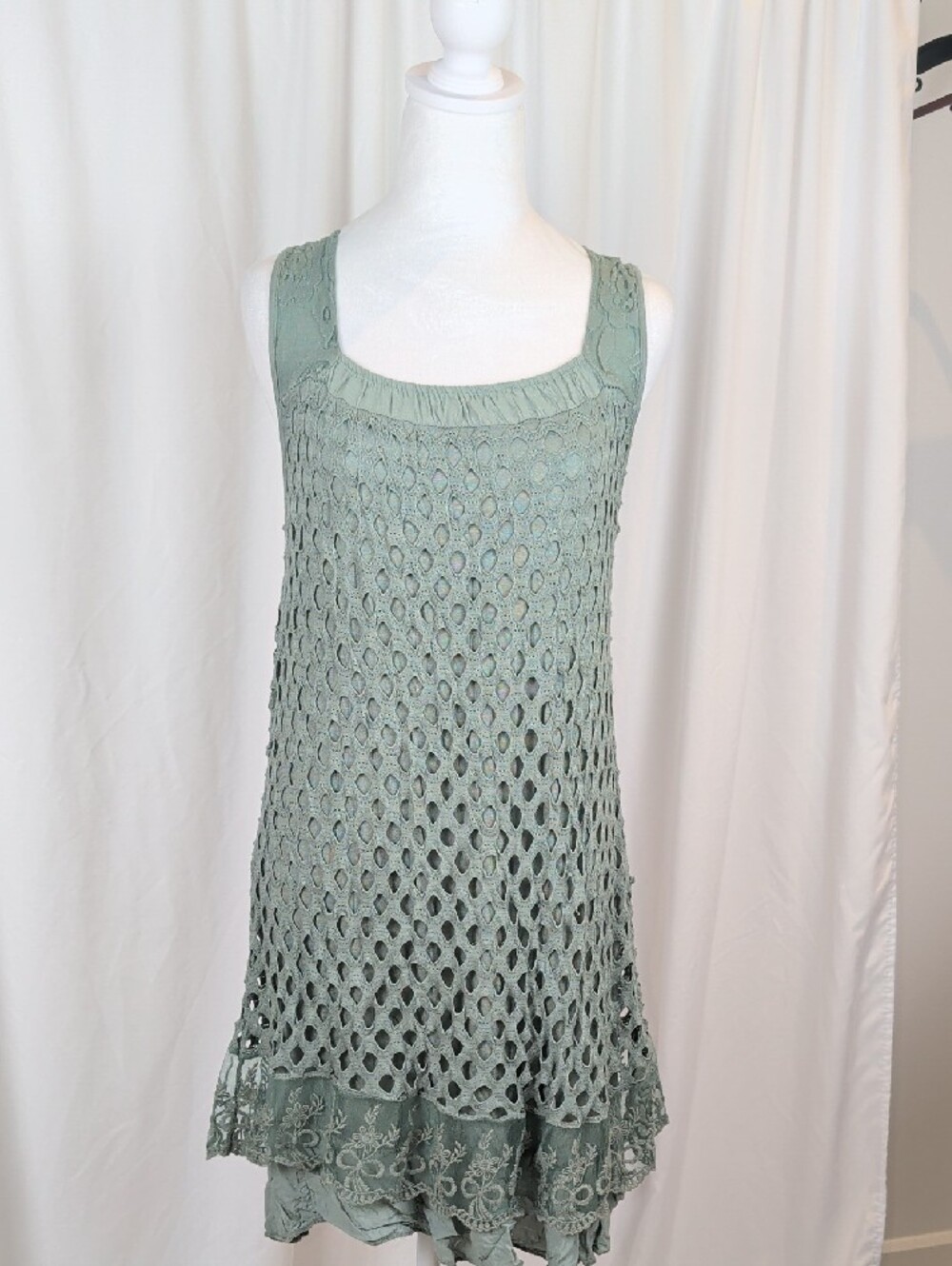 Made in Italy Sage Green Crochet Open Knit Floral Lace Dress  (Size 3) Large